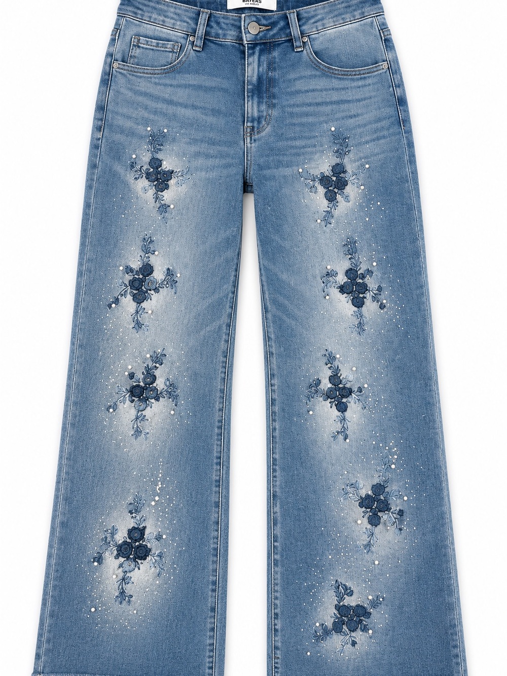 NWT Bayeas Floral Embroidered Wide Leg Size 30 Pearl Embellished Stretch Demin